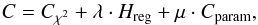 \begin{equation} C = C_{\chi^2} + \lambda\cdot H_{\mathrm{reg}} + \mu \cdot C_{\mathrm{param}}, \end{equation}