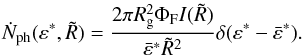 \begin{eqnarray} \dot{N}_{\rm{ph}}(\varepsilon^*,\tilde{R})=\frac{ 2\pi R_{\rm g}^2\Phi_{\rm F} I(\tilde{R})}{\bar{\varepsilon}^*\tilde{R}^2} \delta(\varepsilon^*-\bar{\varepsilon}^*). \label{NphSSDfin} \end{eqnarray}