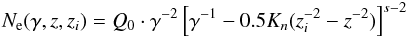 \begin{eqnarray} N_{\rm e}(\gamma,z,z_i)=Q_0 \cdot \gamma^{-2} \left[\gamma^{-1}-0.5K_n(z_i^{-2}-z^{-2})\right]^{s-2} \label{cooled_inj_espec} \end{eqnarray}
