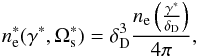 \begin{eqnarray} n_{\rm e}^*(\gamma^*,\Omega_{\rm s}^*)=\delta_{\rm D}^3 \frac{n_{\rm e}\left(\frac{\gamma^*}{\delta_{\rm D}}\right)}{4 \pi}, \label{Netransform} \end{eqnarray}
