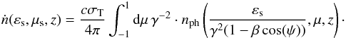 \begin{eqnarray} \dot{n}(\varepsilon_{\rm s},\mu_{\rm s},z)=\frac{c \sigma_{\rm T}}{4\pi} \int^1_{-1} {\rm d}\mu \, \gamma^{-2}\cdot n_{\rm{ph}}\left(\frac{\varepsilon_{\rm s}}{\gamma^2 (1-\beta \cos(\psi))},\mu,z\right)\cdot \label{diffphotoprod4} \end{eqnarray}