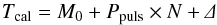 \begin{equation} T_{\rm cal} = M_{0} + P_{\rm puls}\times N + \mathnormal{\Delta} \label{eq:liteEphLin} \end{equation}