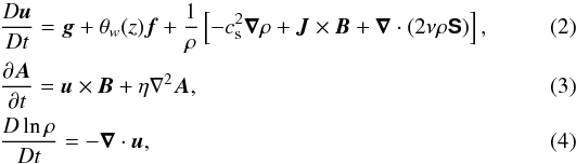 \begin{eqnarray} &&{D\uu\over D t}=\gggg +\theta_w(z)\ff +{1\over\rho}\left[-\csq\nab\rho+\JJ\times\BB+\nab\cdot(2\nu\rho\SSSS)\right], \\ &&{\partial\AAA\over\partial t}=\uu\times\BB+\eta\nabla^2\AAA, \label{eq:ind} \\ &&{D \ln\rho\over D t}=-\nab\cdot\uu, \end{eqnarray}