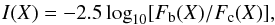 \begin{eqnarray} I(X) = -2.5 \log_{10}[F_{\rm b}(X)/F_{\rm c}(X)], \label{eq_index} \end{eqnarray}