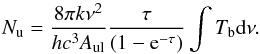 \appendix \setcounter{section}{1} \begin{equation} N_{\rm u}=\frac{8\pi k \nu^2}{hc^3 A_{\rm ul}}\frac{\tau}{(1-{\rm e}^{-\tau})} \int T_{\rm b} {\rm d}\nu \label{column-dens1} . \end{equation}