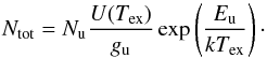 \appendix \setcounter{section}{1} \begin{equation} N_{\rm tot}=N_{\rm u}\frac{U(T_{\rm ex})}{g_{\rm u}}\exp\left(\frac{E_{\rm u}}{kT_{\rm ex}}\right)\cdot \label{column-dens2} \end{equation}