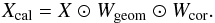 \begin{eqnarray} X_{\rm cal}=X\modifiedmath{\ewiseprod} W_{\modified{\rm geom}}\modifiedmath{\ewiseprod} W_{\rm cor}. \label{eq:weightmatrix2} \end{eqnarray}