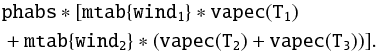 \begin{eqnarray} & & {\tt phabs}*[{\tt mtab\{wind_1\}*vapec(T_1)} \nonumber \\ & & +{\tt mtab\{wind_2\}*(vapec(T_2) + vapec(T_3)})] \label{eq2} . \end{eqnarray}