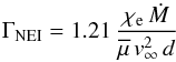 \begin{equation} \Gamma_{\rm NEI} = 1.21\,\frac{\chi_{\rm e}\,\dot{M}}{\overline{\mu}\,v_{\infty}^2\,d} \end{equation}