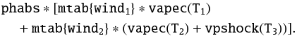 \begin{eqnarray} & & {\tt phabs}*[{\tt mtab\{wind_1\}*vapec(T_1)} \nonumber \\ & & \quad + {\tt mtab\{wind_2\}*(vapec(T_2) + vpshock(T_3)})] \label{eq4} . \end{eqnarray}
