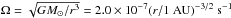 \hbox{$\Omega = \sqrt{GM_\sun/r^3} = 2.0\times 10^{-7}(r/1~\AU)^{-3/2}~{\rm s^{-1}}$}
