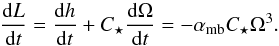 \begin{equation} \label{eq:dotL} \frac{{\rm d} L}{{\rm d} t} = \frac{{\rm d} h}{{\rm d }t} + C_\star \frac{{\rm d} \Omega}{{\rm d }t} = -\alpha_{\rm mb} C_\star \Omega^3. \end{equation}