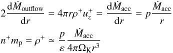 \begin{eqnarray} &&2 \frac{{\rm d} \dot M_{\rm outflow}}{{\rm d}r}= 4 \pi r \rho^+ u^+_z = \frac{{\rm d} \dot M_{\rm acc}}{{\rm d}r} = p \frac{\dot M_{\rm acc}}{r} \nonumber \\ &&n^+ m_{\rm p}= \rho^+ \simeq \frac{p}{\varepsilon} \frac{\dot M_{\rm acc}}{4 \pi \Omega_{\rm K} r^3} \label{eqn:rho+} \end{eqnarray}