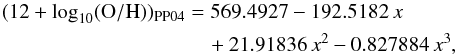 \begin{eqnarray} (\logoh)_{\rm PP04} &=& 569.4927 - 192.5182\,x \nonumber \\ &&\quad +21.91836\,x^2 - 0.827884\,x^3 , \end{eqnarray}