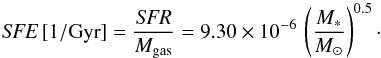 \begin{equation} {\it SFE}\,[1/\Gyr] = \frac{{\it SFR}}{\mgas} = 9.30 \times 10^{-6}\,\left(\frac{\mstar}{\msun}\right)^{0.5}\cdot \label{EQ:sfe} \end{equation}
