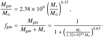 \begin{eqnarray} \frac{\mgas}{\msun} &=& 2.38\times10^{6}\,\left(\frac{\mstar}{\msun}\right)^{0.37}, \nonumber \\ \fgas &=& \frac{\mgas}{\mgas + \mstar} = \frac{1}{1 + \left(\frac{\mstar}{1.32\times10^{10}\,\msun}\right)^{0.63}}\cdot \label{EQ:fgas} \end{eqnarray}