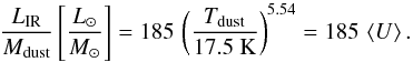 \begin{equation} \frac{\lir}{\mdust} \left[\frac{\lsun}{\msun}\right] = 185 \, \left(\frac{\tdust}{17.5~\kelvin}\right)^{5.54} = 185 \, \mean{U} . \end{equation}