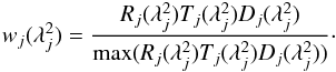 \appendix \setcounter{section}{1} \begin{eqnarray} w_j(\lambda^2_j) = \frac{R_j(\lambda^2_j)T_j(\lambda^2_j)D_j(\lambda^2_j)}{\max(R_j(\lambda^2_j)T_j(\lambda^2_j)D_j(\lambda^2_j))}\cdot \label{e:newWeightingFormula} \end{eqnarray}