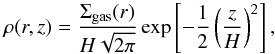\begin{equation} \rho(r,z) = \frac{\Sigma_\mathrm{gas}(r)}{H\sqrt{2\pi}} \exp\left[ -\frac{1}{2} \left( \frac{z}{H} \right)^2 \right], \label{eq:rho-rz} \end{equation}