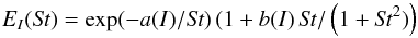 \begin{equation} \label{eq:collisionRate_fit} E_I(\St)=\exp(-a(I)/\St)\,(1+b(I)\,\St/\left(1+\St^2)\right) \end{equation}