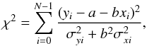 \appendix \setcounter{section}{1} \begin{equation} \label{chi} \chi^2 = \displaystyle\sum_{i=0}^{N-1}\frac{(y_i-a-bx_i)^2}{\sigma_{yi}^2+b^2\sigma_{xi}^2}, \end{equation}