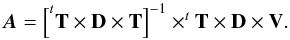 \appendix \setcounter{section}{1} \begin{equation} \label{eq:polynom_coefficients} \vec{A}=\Big [^t\mathbf{T} \times \mathbf{D} \times \mathbf{T} \Big]^{-1} \times ^t\mathbf{T} \times \mathbf{D} \times \mathbf{V} . \end{equation}