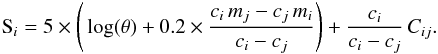 \begin{equation} \mathrm{S}_i= 5 \times \Bigg ( \log(\theta) + 0.2 \times \frac{c_i\,m_j-c_j\,m_i}{c_i-c_j}\Bigg ) +\frac{c_i}{c_i-c_j}\,C_{ij} \label{surface brightness} . \end{equation}