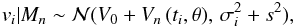 \begin{eqnarray} \label{eq:sampling-dist} v_i | M_n \sim \mathcal{N}(V_0 + V_n\,(t_i, \theta), \, \sigma_i^2+s^2), \end{eqnarray}