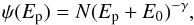 \begin{equation} \psi(E_{\rm p})=N(E_{\rm p}+E_{\rm 0})^{-\gamma}, \end{equation}