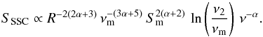 \begin{equation} S_\mathrm{SSC} \propto R^{-2(2\alpha+3)}\,\nu_\mathrm{m}^{-(3\alpha+5)}\,S_\mathrm{m}^{2(\alpha+2)}\,\ln \left(\frac{\nu_2}{\nu_\mathrm{m}}\right)\,\nu^{-\alpha} . \end{equation}