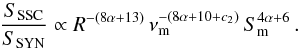 \begin{equation} \frac{S_\mathrm{SSC}}{S_\mathrm{SYN}} \propto R^{-(8\alpha+13)}\,\nu_\mathrm{m}^{-(8\alpha+10+c_2)}\,S_\mathrm{m}^{4\alpha+6}\, . \end{equation}