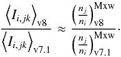 \appendix \setcounter{section}{1} \begin{equation} \frac{\left<I_{i,jk}\right>_\mathrm{v8}}{\left<I_{i,jk}\right>_{\mathrm{v7.1}}} \approx \frac{\left( \frac{n_j}{n_i}\right)^{\mathrm{Mxw}}_{\mathrm{v8}}} {\left( \frac{n_j}{n_i}\right)^{\mathrm{Mxw}}_{\mathrm{v7.1}}}\cdot \label{Eq:int_ratio_approx} \end{equation}