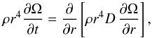 \begin{equation} \label{amdiff} \rho r^4 \frac{\partial \Omega}{\partial t} = \frac{\partial}{\partial r}\left[ \rho r^4 D\, \frac{\partial \Omega}{\partial r} \right], \end{equation}