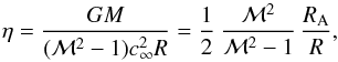\begin{equation} \label{eq:eta} \eta = \frac{G M}{(\mathcal{M}^2 - 1)c_\infty^2 R} = \frac{1}{2} ~ \frac{\mathcal{M}^2}{\mathcal{M}^2 - 1} \, \frac{R_\mathrm{A}}{R} , \end{equation}