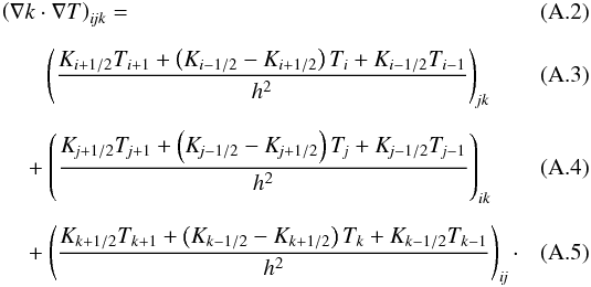 \appendix \setcounter{section}{1} \begin{eqnarray} \left( \nabla k \cdot \nabla T \right)_{i\! jk} &=& \\[.2cm] &&\hskip-1.3cm \left ( \frac{ K_{i+1/2} T_{i+1} + \left( K_{i-1/2} - K_{i+1/2} \right) T_{i} + K_{i-1/2} T_{i-1} }{ h^2 } \right)_{\!jk} \\[.2cm] &&\hskip-1.6cm +\left ( \frac{ K_{\!j+1/2} T_{\!j+1} + \left( K_{\!j-1/2} - K_{\!j+1/2} \right) T_{\!j} + K_{\!j-1/2} T_{\!j-1} }{ h^2 } \right)_{ik} \\[.2cm] &&\hskip-1.6cm +\left ( \frac{ K_{k+1/2} T_{k+1} + \left( K_{k-1/2} - K_{k+1/2} \right) T_{k} + K_{k-1/2} T_{k-1} }{ h^2 } \right)_{i\!j}\cdot \label{Differenzengleichung} \end{eqnarray}