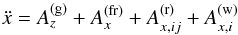 \appendix \setcounter{section}{3} \begin{equation} \ddot x=A_z^{(\rm g)}+A_x^{\rm(fr)}+A_{x,ij}^{\rm(r)}+A_{x,i}^{\rm(w)} \end{equation}