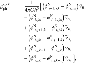 \begin{eqnarray} \label{A4} \varrho_{\rm ph}^{i,j,k}&=&\frac{1}{4\pi G h^{2}}\Big{[} \left(\phi^{\rm N}_{~i+1,j,k}-\phi^{\rm N}_{~i,j,k}\right)\widetilde{\nu}_{B_{x}} \nonumber \\ &&-\left(\phi^{\rm N}_{~i,j,k}-\phi^{\rm N}_{~i-1,j,k}\right)\widetilde{\nu}_{A_{x}}\nonumber \\ &&+\left(\phi^{\rm N}_{~i,j+1,k}-\phi^{\rm N}_{~i,j,k}\right)\widetilde{\nu}_{B_{y}}\nonumber \\ &&-\left(\phi^{\rm N}_{~i,j,k}-\phi^{\rm N}_{~i,j-1,k}\right)\widetilde{\nu}_{A_{y}}\nonumber \\ &&+\left(\phi^{\rm N}_{~i,j,k+1}-\phi^{\rm N}_{~i,j,k}\right)\widetilde{\nu}_{B_{z}}\nonumber \\ &&-\left(\phi^{\rm N}_{~i,j,k}-\phi^{\rm N}_{~i,j,k-1}\right)\widetilde{\nu}_{A_{z}}~\Big{]}, \end{eqnarray}
