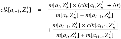\appendix \setcounter{section}{1} \begin{eqnarray} clk[a_{i+1},Z_{\star}^j] &= & \frac{m[a_i,Z_{\star}^j]\times(clk[a_i,Z_{\star}^j]+\Delta t)}{m[a_i,Z_{\star}^j]+m[a_{i+1},Z_{\star}^j]} \nonumber\\ && + \frac{m[a_{i+1},Z_{\star}^j]\times clk[a_{i+1},Z_{\star}^j]}{m[a_i,Z_{\star}^j]+m[a_{i+1},Z_{\star}^j]} \cdot \end{eqnarray}