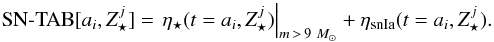 \appendix \setcounter{section}{1} \begin{equation} \SNTAB[a_i,Z_{\star}^j] = \left.\eta_{\star}(t=a_i,Z_{\star}^j)\right|_{m\,>\,9~\Msun} + \eta_{\rm snIa}(t=a_i,Z_{\star}^j) . \end{equation}