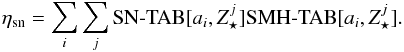 \appendix \setcounter{section}{1} \begin{equation} \eta_{\rm sn} = \sum_{i}\sum_{j}\SNTAB[a_i,Z_{\star}^j]\SMHTAB [a_i,Z_{\star}^j] . \end{equation}