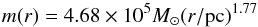 \begin{equation} \label{SgrB2masssize} m(r)= 4.68 \times 10^5 M_{\sun}(r/{\rm pc})^{1.77} \end{equation}
