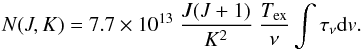 \appendix \setcounter{section}{1} \begin{equation} N(J,K) = 7.7 \times 10^{13} \ \frac{J(J+1)}{K^2} \ \frac{T_{\rm ex}}{\nu} \int \tau_\nu {\rm d}v. \end{equation}