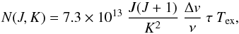\appendix \setcounter{section}{1} \begin{equation} \label{N_tau} N(J,K) = 7.3 \times 10^{13} \ \frac{J(J+1)}{K^2} \ \frac{\Delta v}{\nu} \ \tau \ T_{\rm ex}, \end{equation}