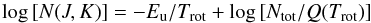 \appendix \setcounter{section}{1} \begin{equation} \label{eq_rtd_em} \log{ \left[N(J,K) \right] } = -E_{\rm u}/T_{\rm rot} + \log{ [N_{\rm tot} /Q(T_{\rm rot})]} \end{equation}