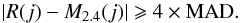 \begin{equation} \label{reject} |R(j)-M_{2.4}(j)|\geqslant 4\times \rm{MAD}. \end{equation}