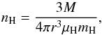 \begin{equation} \label{AGAL_density} n_\mathrm{H} = \frac{3M}{4 \pi r^3 \mu_\mathrm{H} m_\mathrm{H}}, \end{equation}