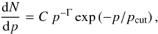 \begin{equation} \label{eqn_prspec} \frac{{\rm d}N}{{\rm d}p} = C\ p^{-\Gamma} \exp \left(-p/p_\mathrm{cut} \right), \end{equation}