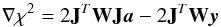 \appendix \setcounter{section}{2} \begin{equation} \nabla\chi^2 = 2\vect{J}^T \vect{W} \vect{J} \vec{a} - 2\vect{J}^T \vect{W} \vec{y} \vspace*{1mm} \end{equation}