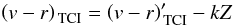 \begin{eqnarray} \left( v - r \right)_{\textrm{\,TCI}} = \left( v - r \right)_{\textrm{\,TCI}}' - kZ \end{eqnarray}