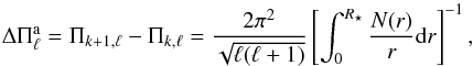 \begin{equation} \label{eq:spacing} \Delta\Pi^{\rm a}_{\ell}=\Pi_{k+1,\ell}-\Pi_{k,\ell}=\frac{2\pi^2}{\sqrt{\ell(\ell+1)}} \left[\int^{R_{\star}}_0{\frac{N(r)}{r}{\rm d}r}\right]^{-1} , \end{equation}